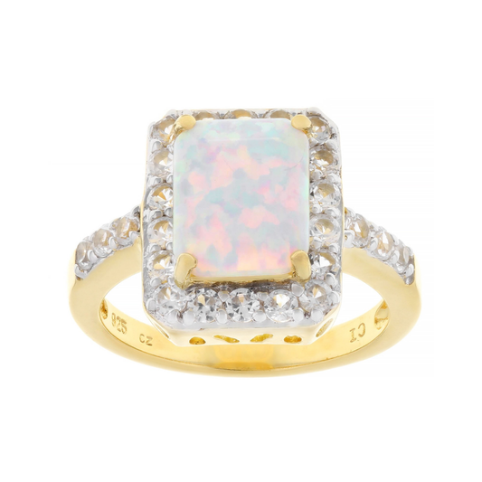 Anillo Ópalo de Laboratorio y Zafiro Blanco de Laboratorio en Plata con Baño de Oro 18k