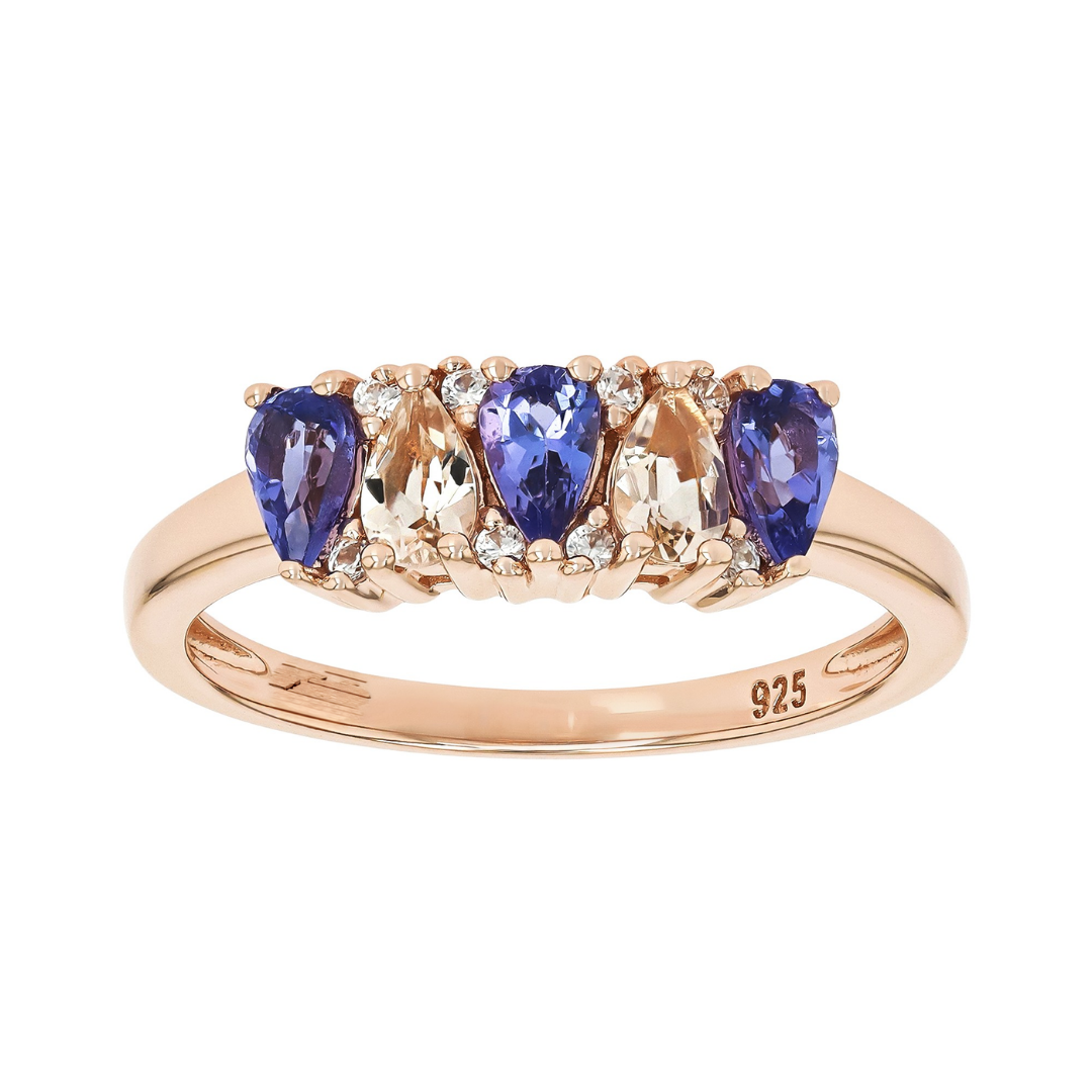 Anillo Morganita y Tanzanita, Circón Blanca Plata con Baño de Oro Rosado 18k