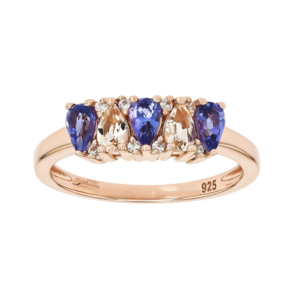 Anillo Morganita y Tanzanita, Circón Blanca Plata con Baño de Oro Rosado 18k