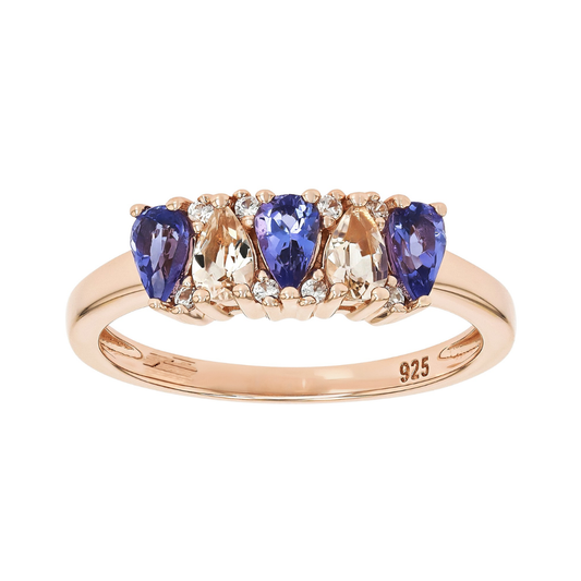 Anillo Morganita y Tanzanita, Circón Blanca Plata con Baño de Oro Rosado 18k