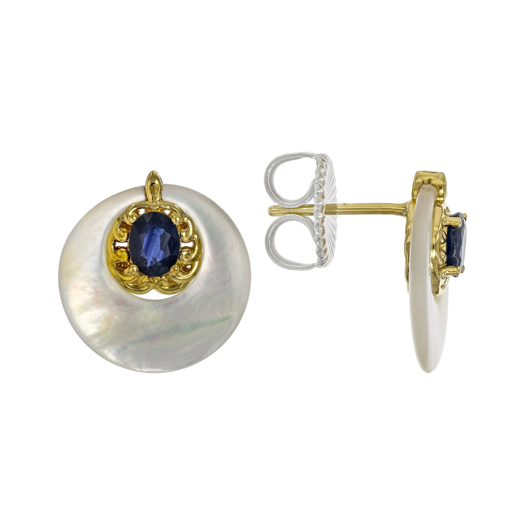 Aretes Zafiro y Concha Nacar  en Plata Paladio con Baño de Oro 24k