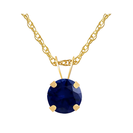 Dije solitario redondo de zafiro (6mm) creado en laboratorio Oro 10k con cadena 14k Gold Filled