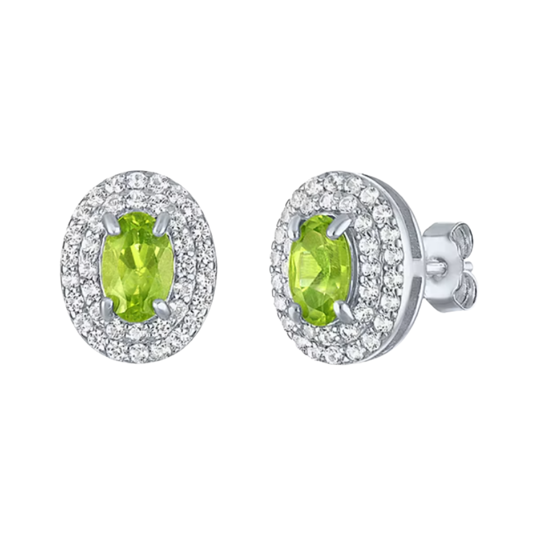 Aretes tipo stud con peridoto natural y halo de zafiros blancos de laboratorio