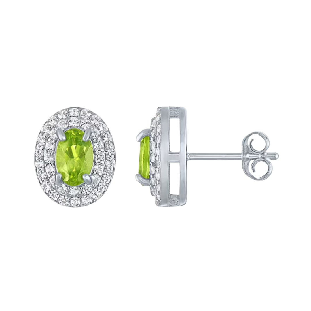 Aretes tipo stud con peridoto natural y halo de zafiros blancos de laboratorio