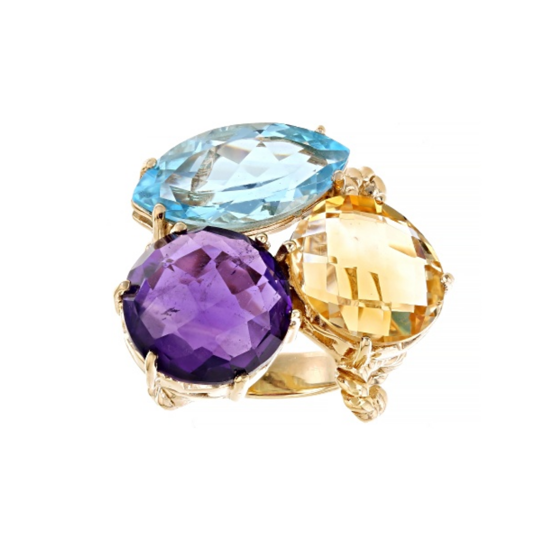 Anillo Topacio, Amatista y Citrino 14.57cttw Plata con Baño de Oro 18k