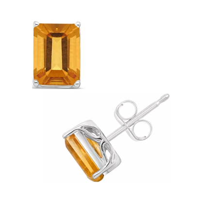 Aretes tipo stud con citrino en corte esmeralda en plata esterlina