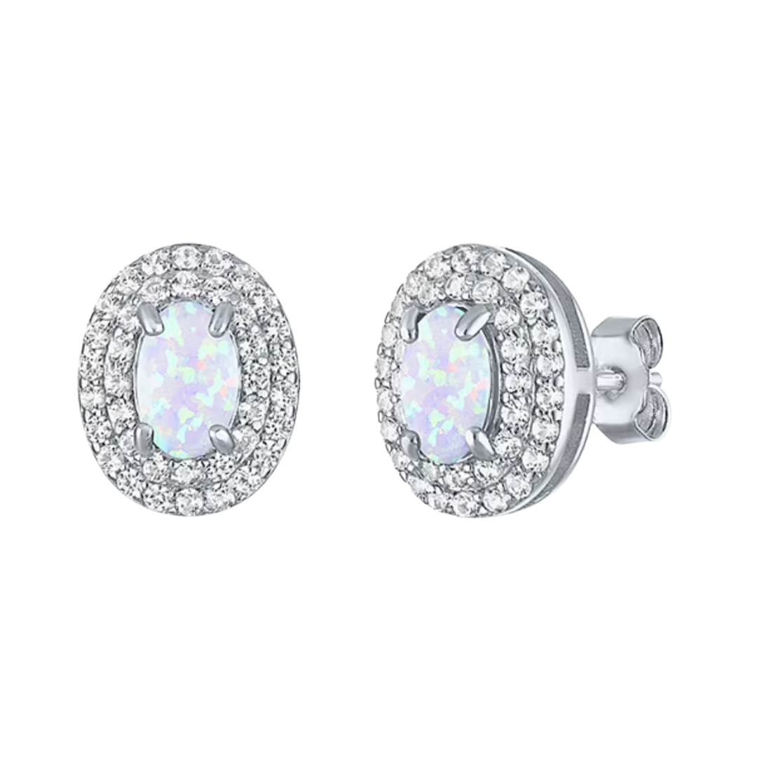 Aretes tipo stud con piedra natural y halo de zafiros blancos de laboratorio