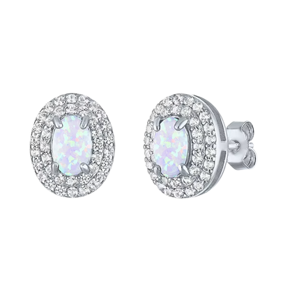 Aretes tipo stud con piedra natural y halo de zafiros blancos de laboratorio