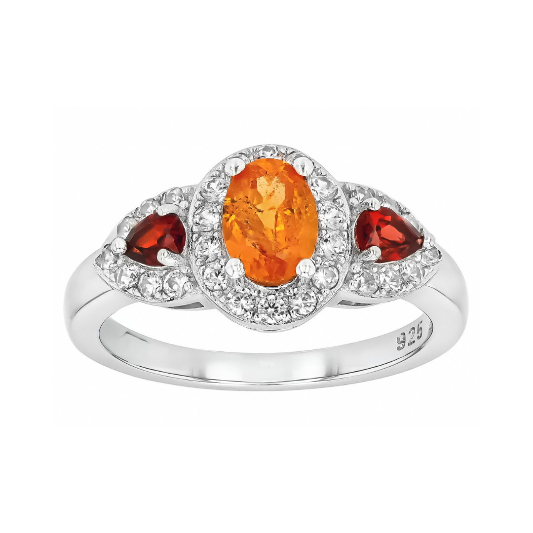 Anillo Granate Mandarin y Rojo en Plata con baño de Rodio