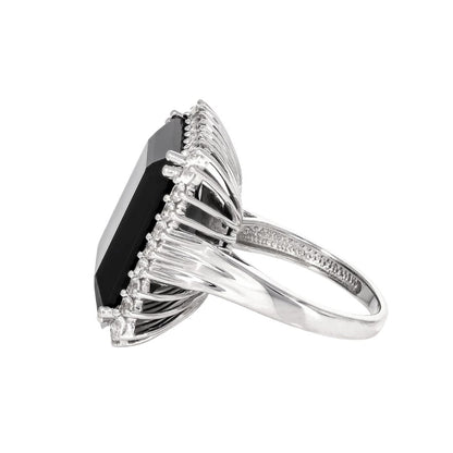 Anillo Espinela Negra 15.3 cttw con Zafiro Blanco de Laboratorio en Plata con baño de Rodio