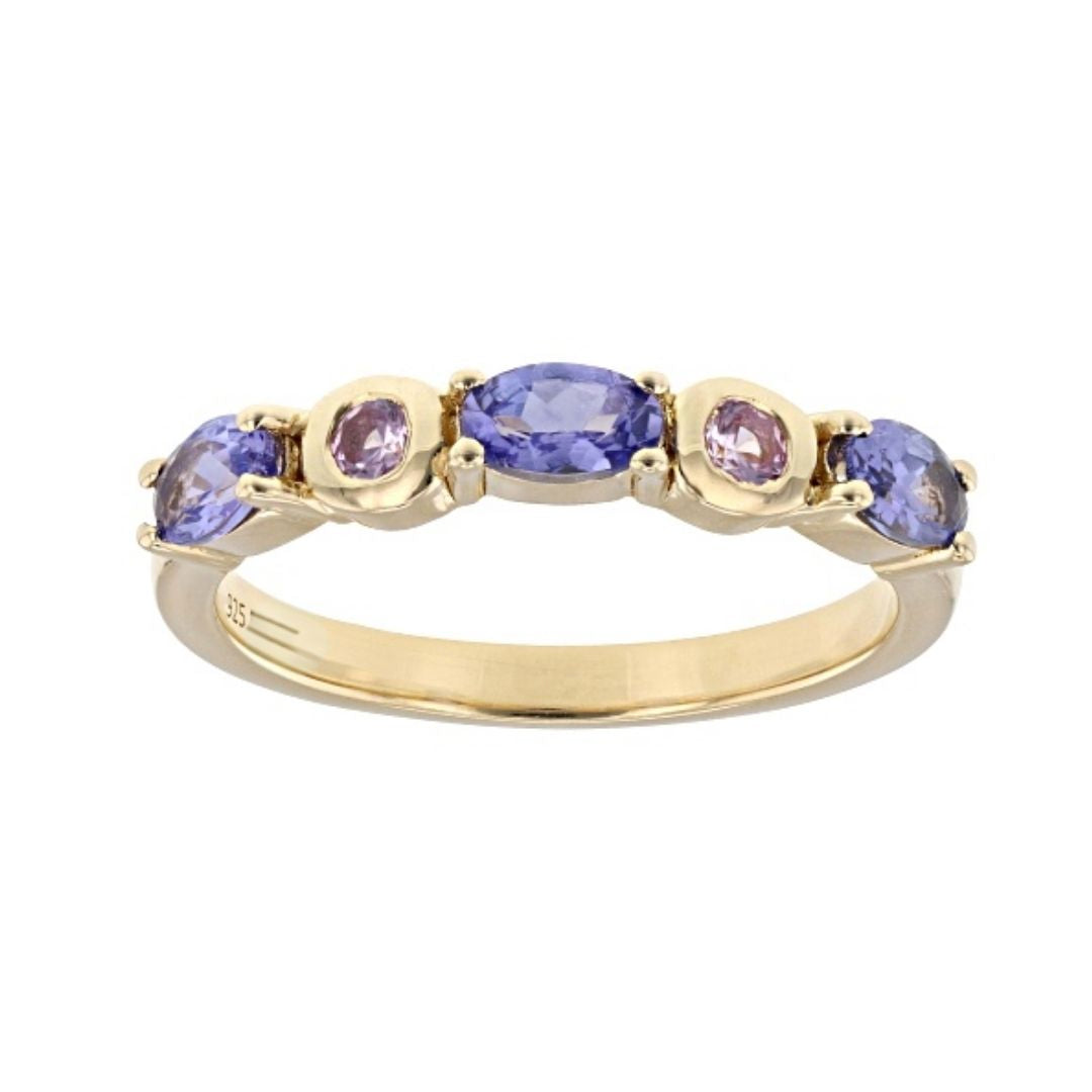 Anillo Tanzanita y Zafiro Rosa de Laboratorio en Plata con Baño de Oro 18k