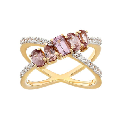 Anillo Cruzado Granate Rosa Palo y Circon Blanco en Plata con baño de Oro 18k