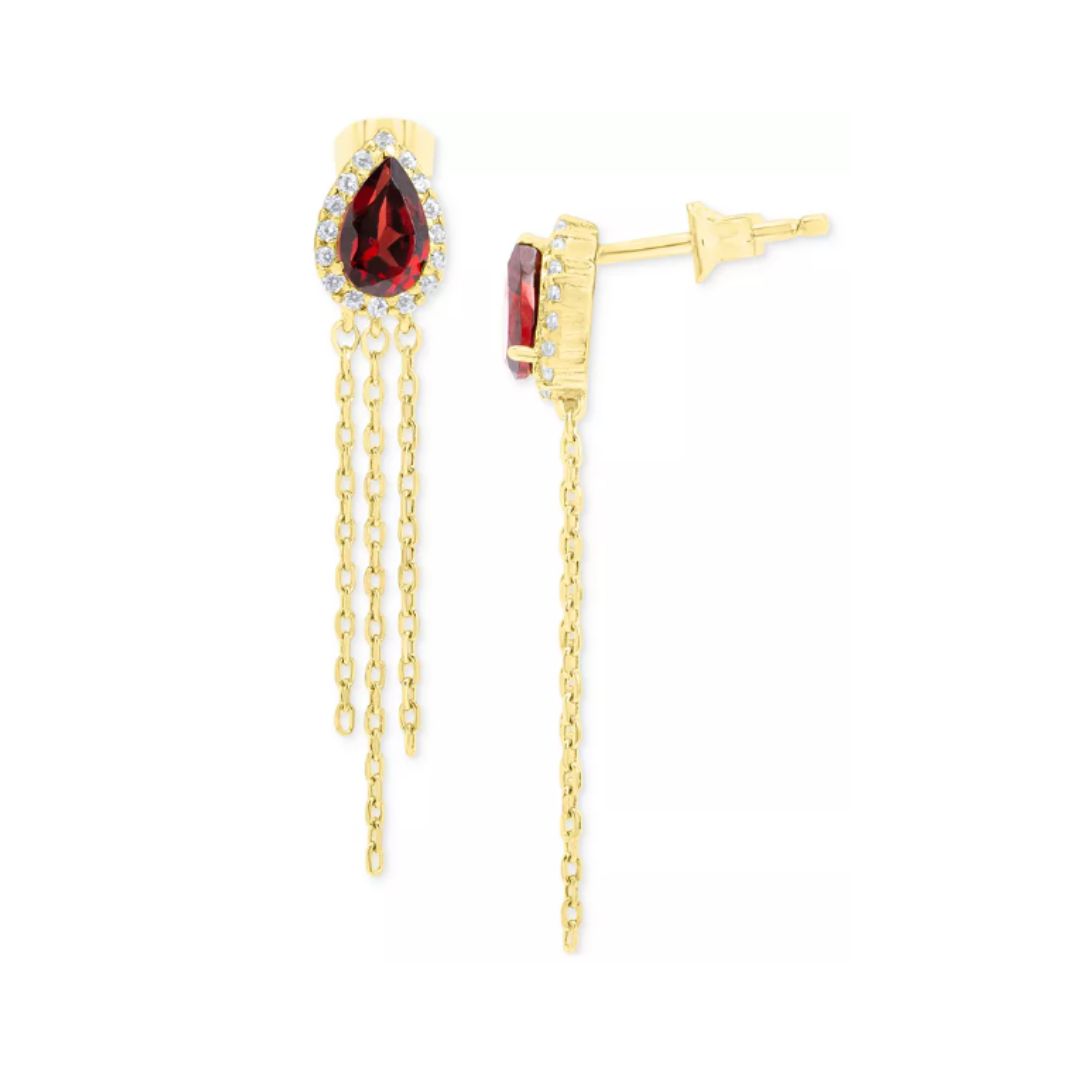 Aretes Largos Granate y Zafiro Blanco de Laboratorio En Plata con Baño de Oro 14k