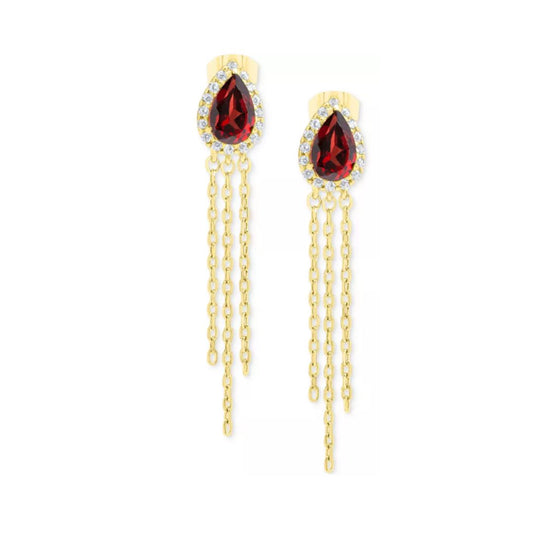 Aretes Largos Granate y Zafiro Blanco de Laboratorio En Plata con Baño de Oro 14k