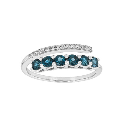 Anillo Bypass Topacio London Blue y Circón Blanco en Plata con Baño de Rodio 0.88ctw