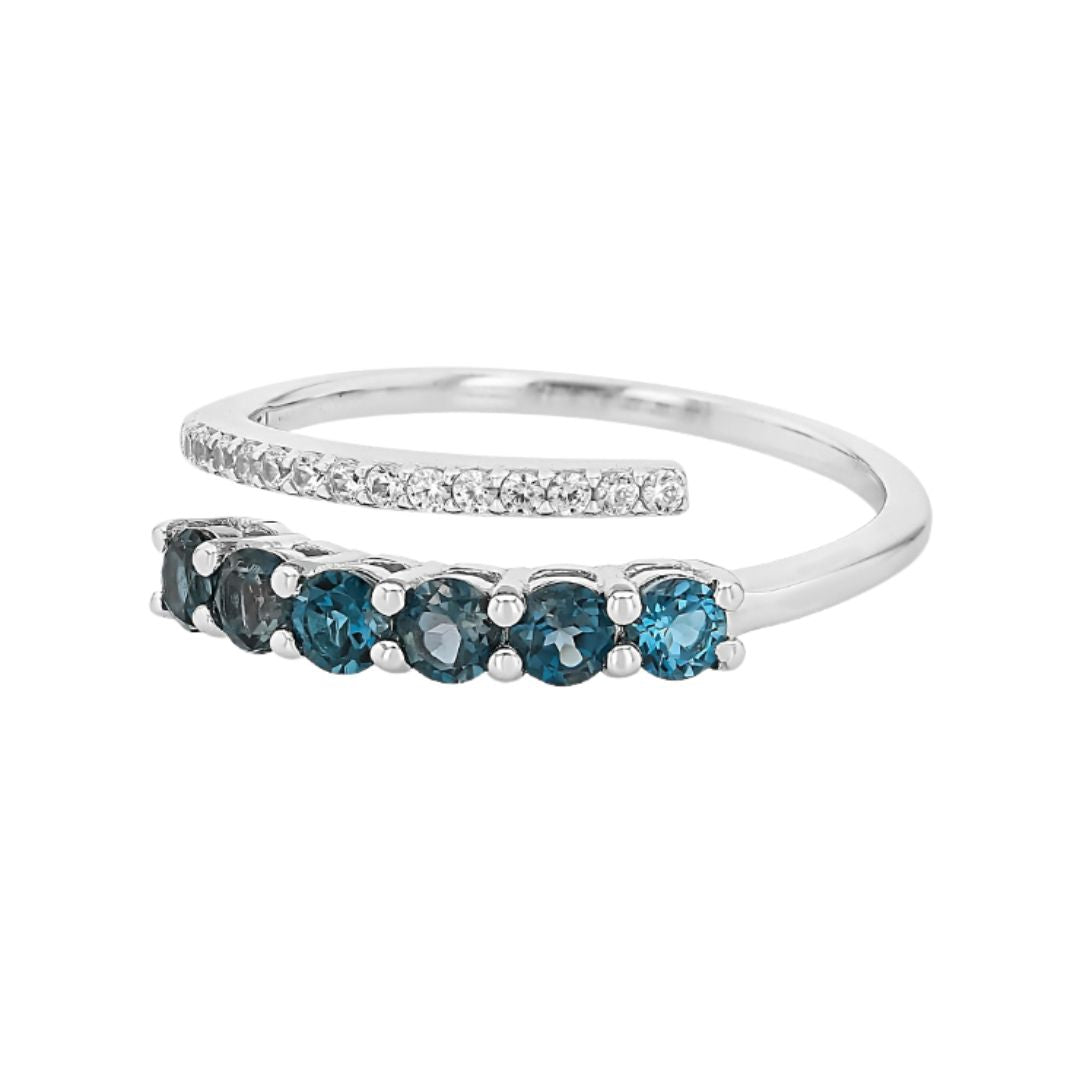 Anillo Bypass Topacio London Blue y Circón Blanco en Plata con Baño de Rodio 0.88ctw