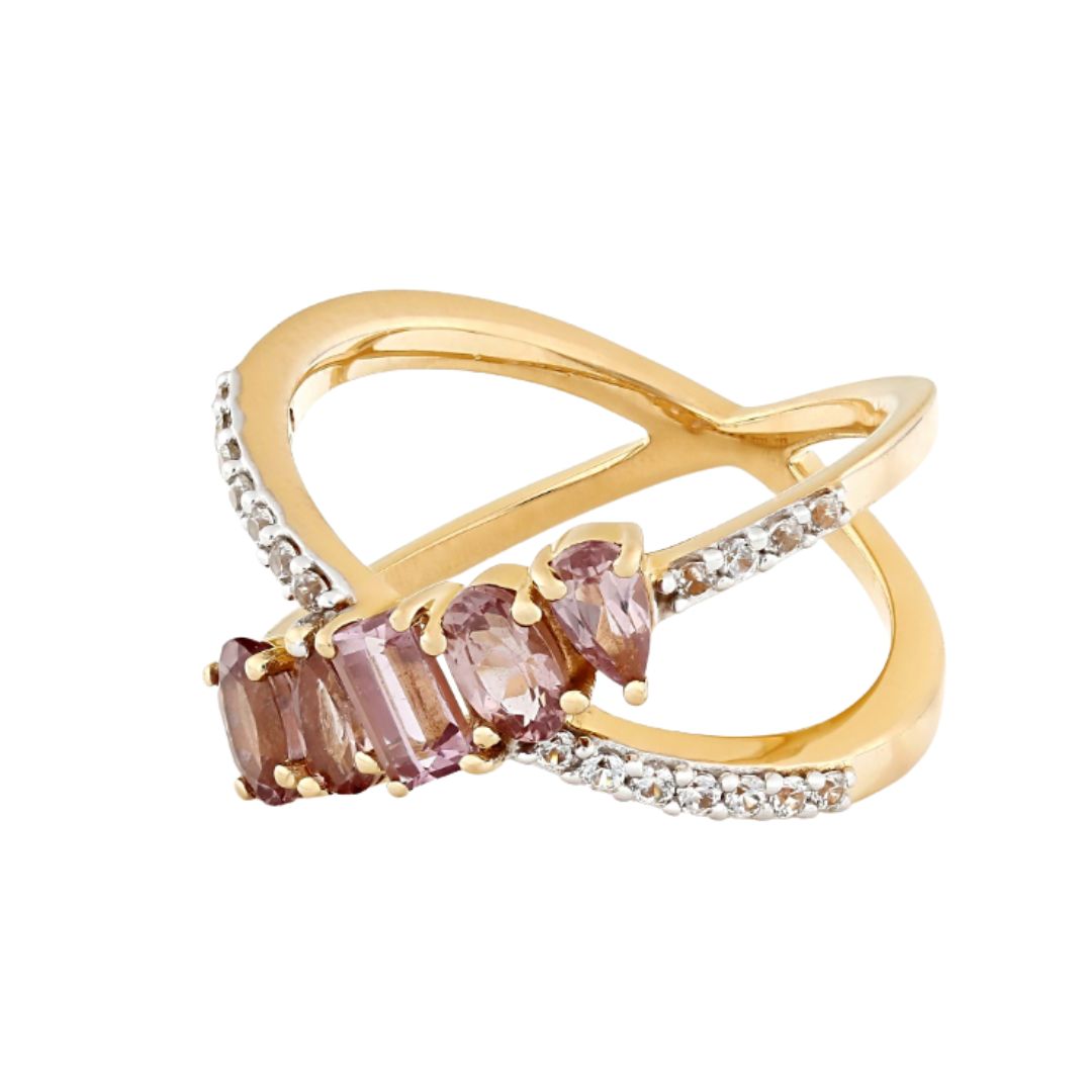 Anillo Cruzado Granate Rosa Palo y Circon Blanco en Plata con baño de Oro 18k