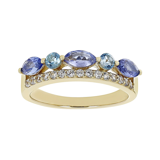 Anillo Churumbela Doble Tanzanita y Topacio 1.15cttw Plata con Baño de Oro 18k