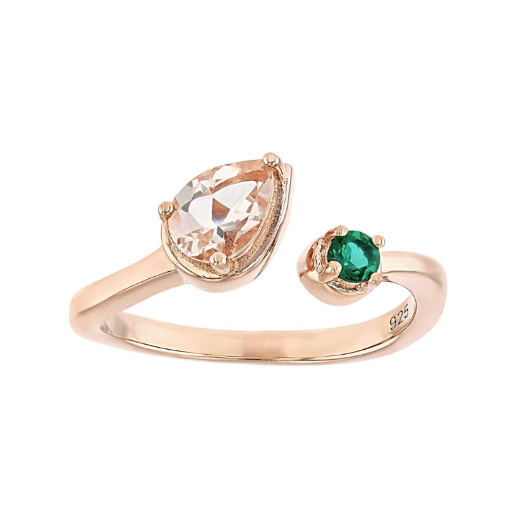 Anillo Morganita y Esmeralda de laboratorio en Plata con Baño de Oro rosa 18k