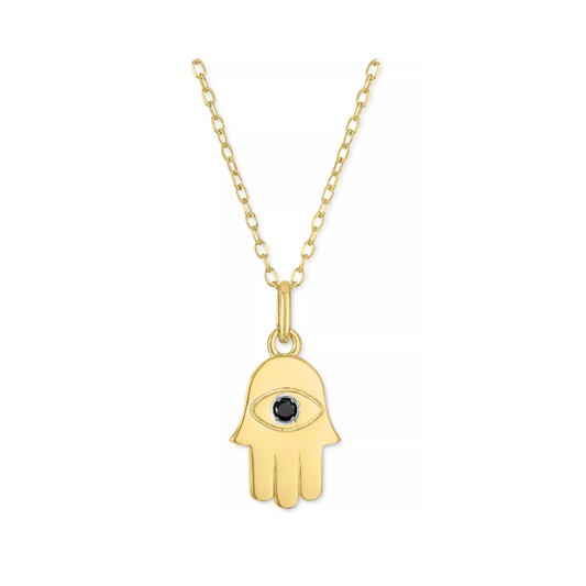Collar Hamsa con Diamante Negro en Plata con Baño de Oro 14k 16"
