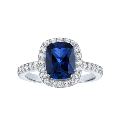 Anillo Enlongated Cushion Halo Zafiro Azul y Blanco de laboratorio en Plata