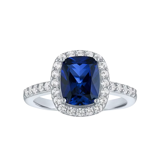 Anillo Enlongated Cushion Halo Zafiro Azul y Blanco de laboratorio en Plata