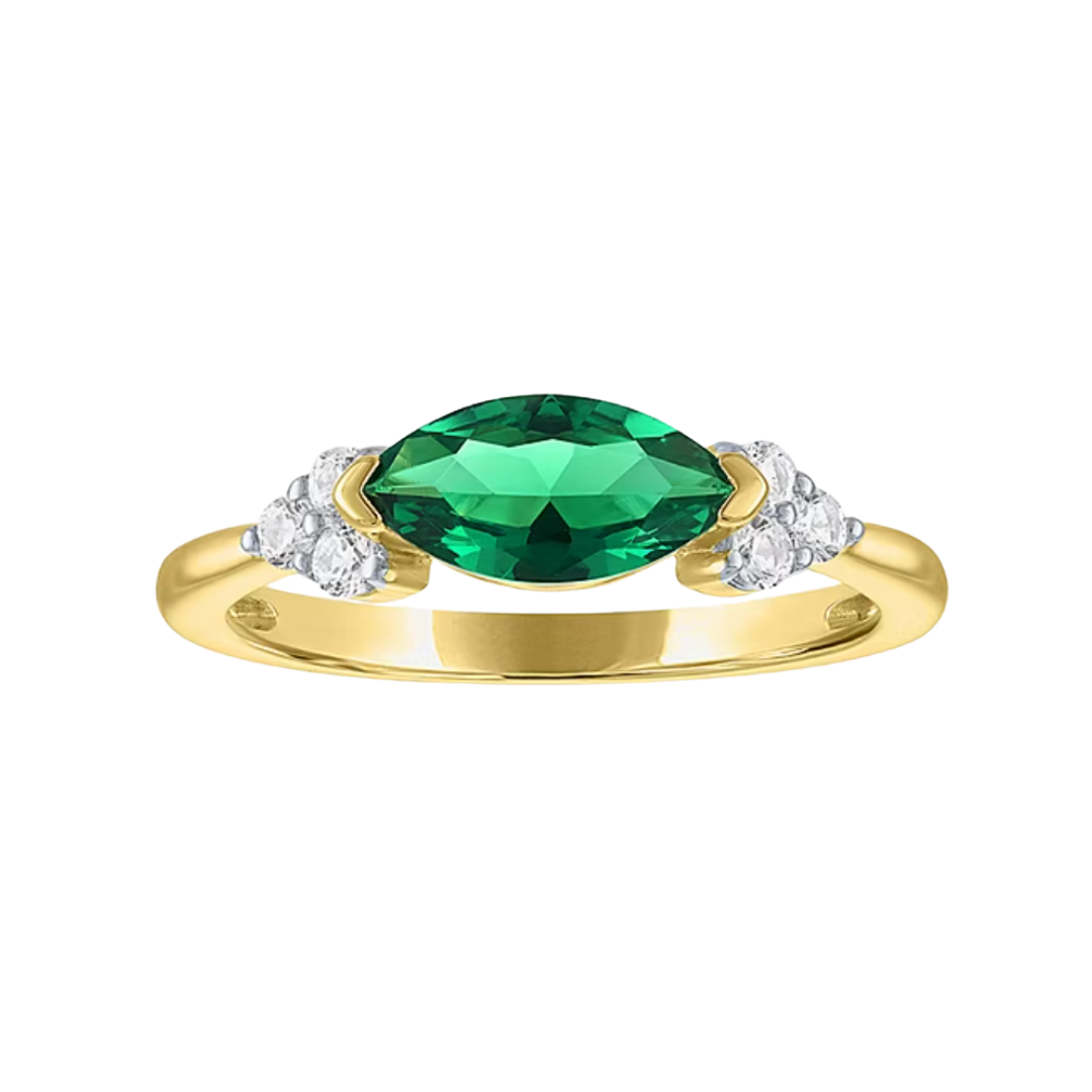 Anillo Marquise East West Esmeralda de Laboratorio en Plata con Baño de Oro