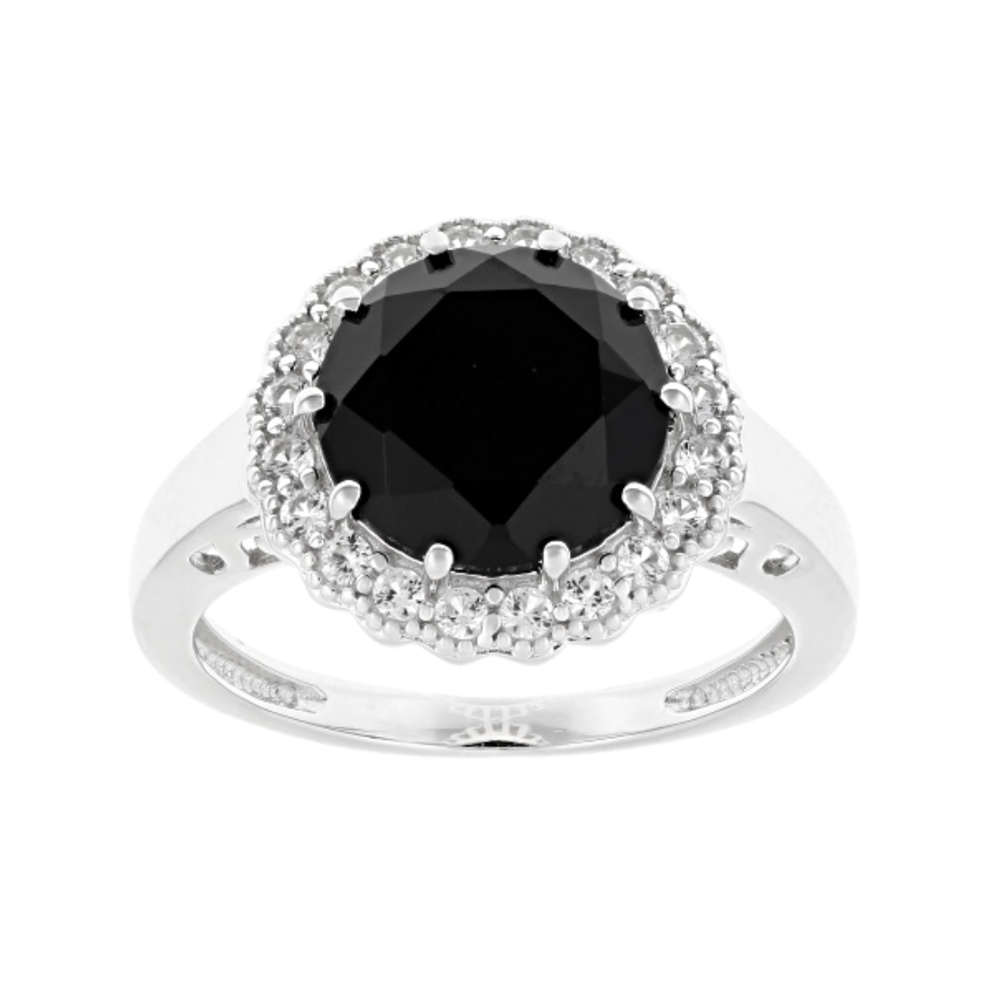 Anillo 3.26ctw Espinela Negra con Halo en Plata con baño de Rodio
