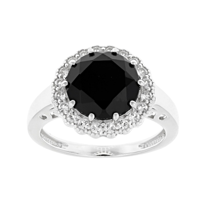 Anillo 3.26ctw Espinela Negra con Halo en Plata con baño de Rodio