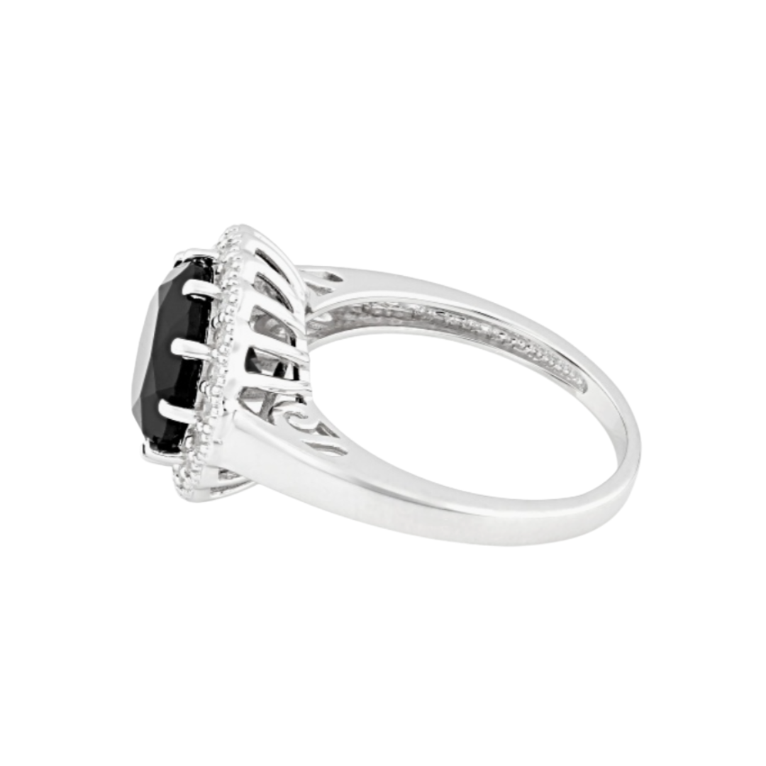 Anillo 3.26ctw Espinela Negra con Halo en Plata con baño de Rodio
