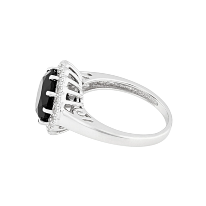 Anillo 3.26ctw Espinela Negra con Halo en Plata con baño de Rodio