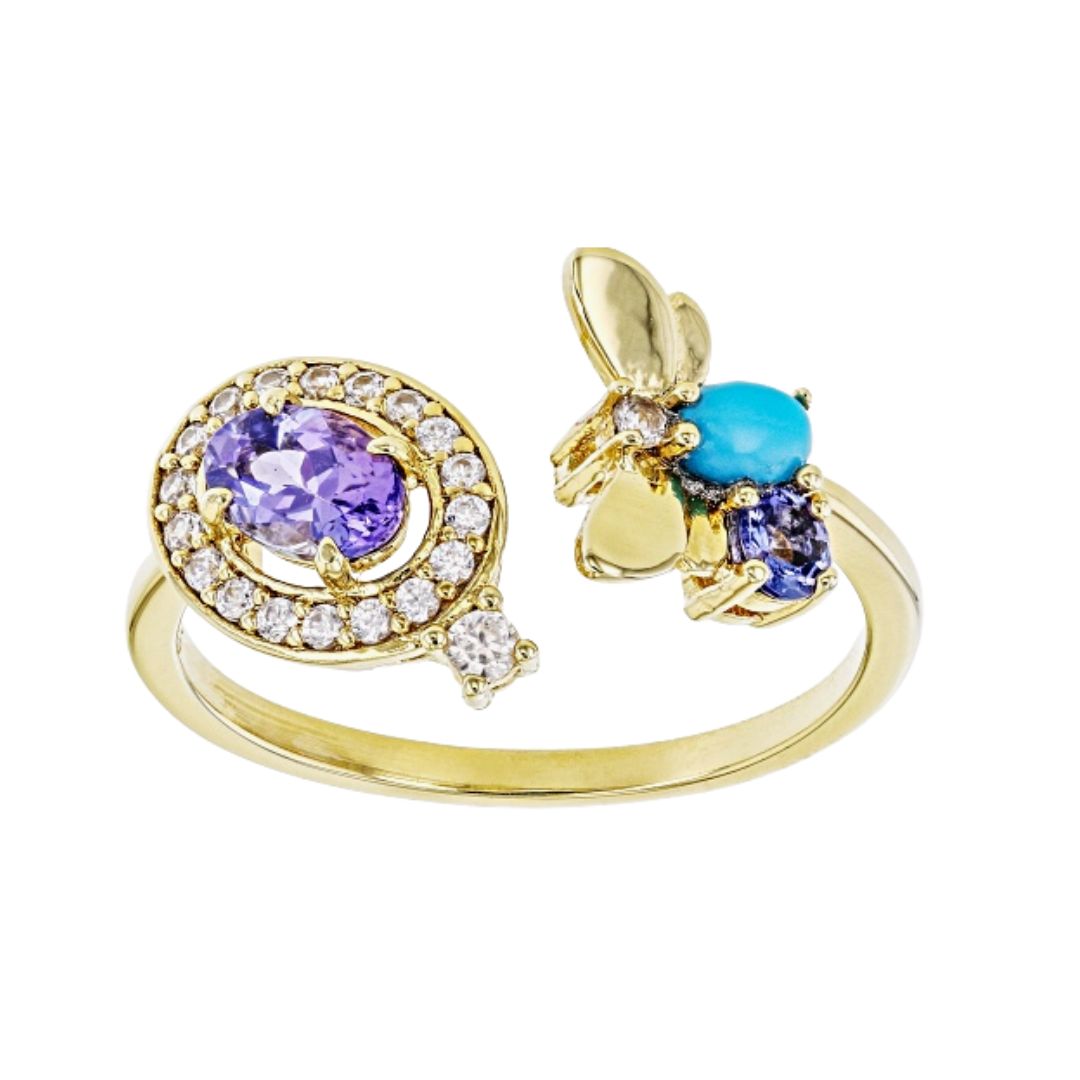 Anillo Tanzanita, Circón y Turquesa en Plata con baño de oro 18k
