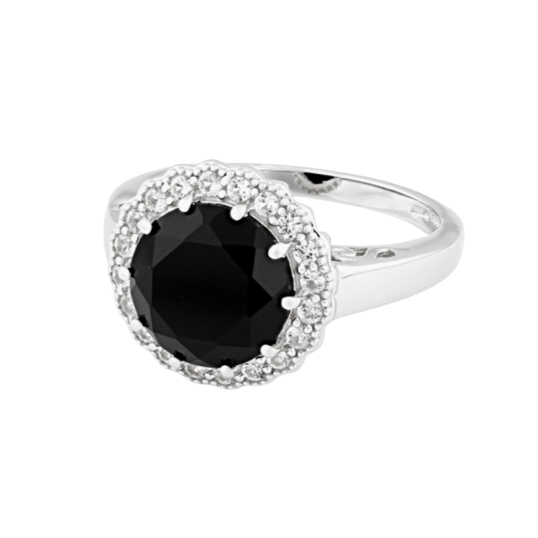 Anillo 3.26ctw Espinela Negra con Halo en Plata con baño de Rodio