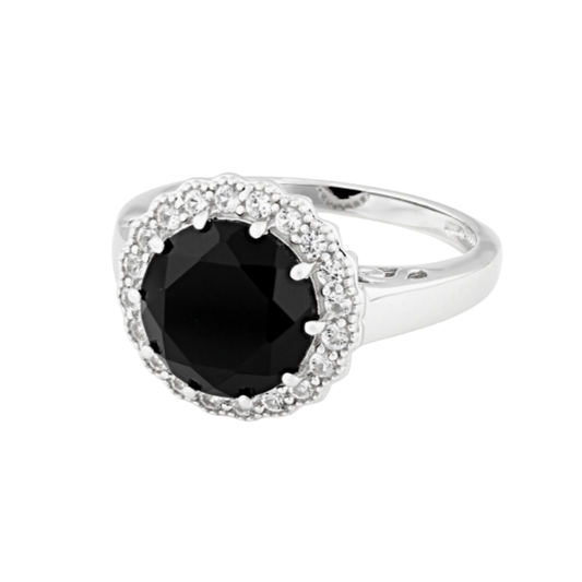 Anillo 3.26ctw Espinela Negra con Halo en Plata con baño de Rodio