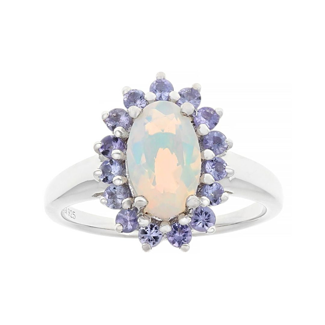 Anillo Ópalo Halo Tanzanita En plata con Baño de Rodio