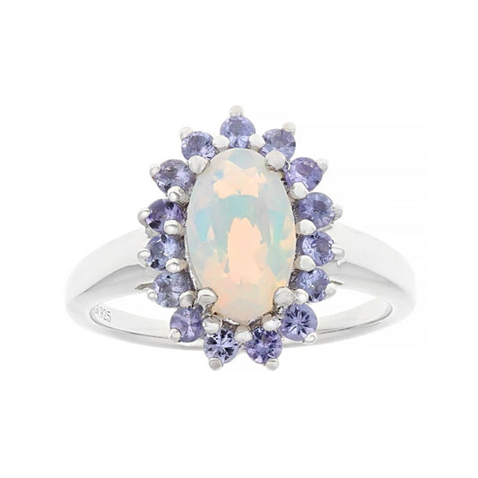 Anillo Ópalo Halo Tanzanita En plata con Baño de Rodio