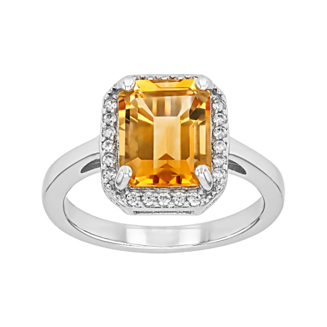 Anillo Citrino 2.91ct  con Halo Circón en Plata con Baño de Rodio