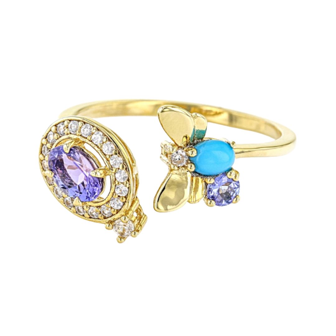 Anillo Tanzanita, Circón y Turquesa en Plata con baño de oro 18k