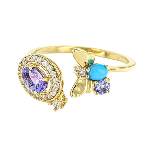 Anillo Tanzanita, Circón y Turquesa en Plata con baño de oro 18k