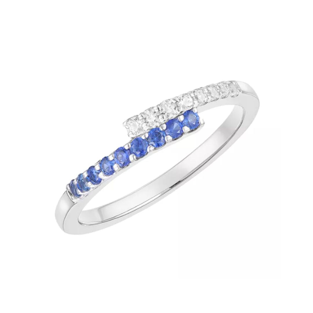 Anillo By Pass Zafiro Azul y Blanco de Laboratorio en Plata con baño de Oro 14k