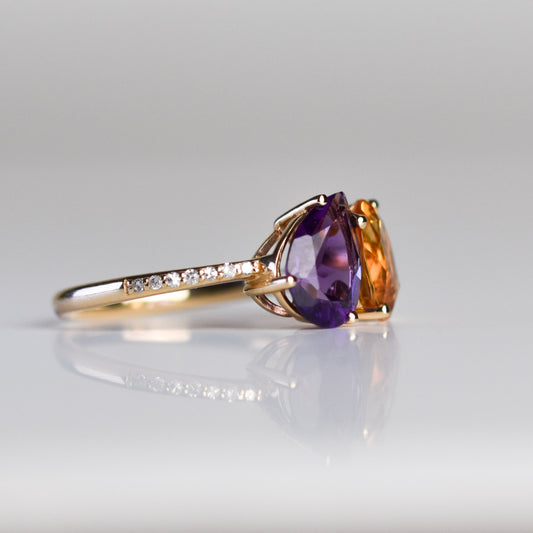 Anillo con amatista, citrino y diamantes en oro amarillo 14K