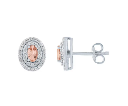 Aretes tipo stud con morganita y halo de zafiros blancos creados en laboratorio