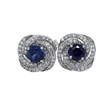 Aretes tipo stud espiral con zafiro azul y blanco de laboratorio en plata esterlina
