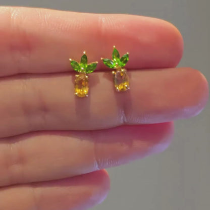 Aretes Studs Piña Citrino y Diopsidio en Plata con Baño de Oro 18k