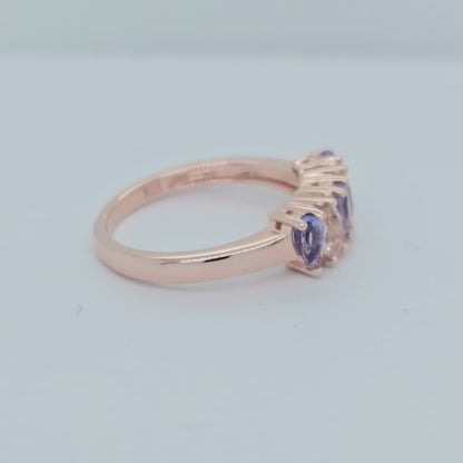 Anillo Morganita y Tanzanita, Circón Blanca Plata con Baño de Oro Rosado 18k
