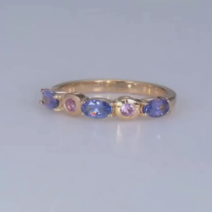 Anillo Tanzanita y Zafiro Rosa de Laboratorio en Plata con Baño de Oro 18k