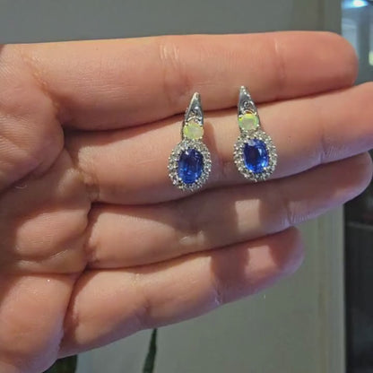 Aretes 1.78 Cttw Cianita, Ópalo  Etiopía, Zirconia Blanca Plata con Baño de Rodio