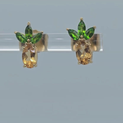 Aretes Studs Piña Citrino y Diopsidio en Plata con Baño de Oro 18k