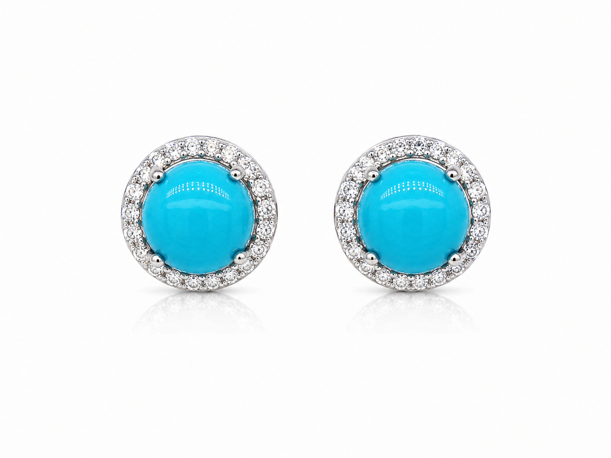 Arete Stud Turqueza Redondo Grande con Moissanita en Plata
