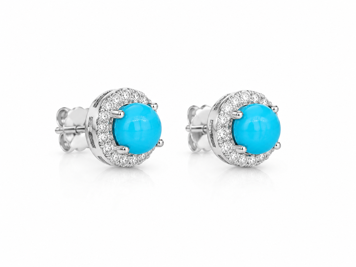 Arete Stud Turqueza Redondo Chico con Moissanita en Plata